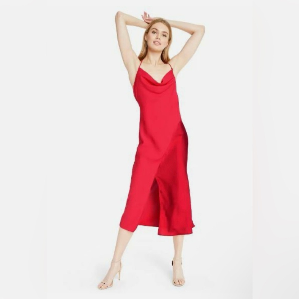 Cushnie Bright Red Slip Midi Dress with Cowl Neck